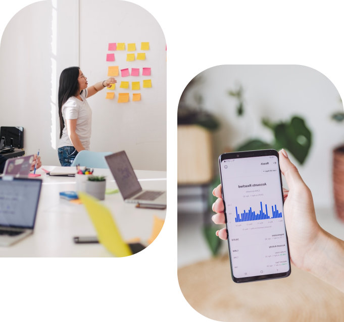 Split image of a smartphone and a woman working, symbolizing productivity and connectivity