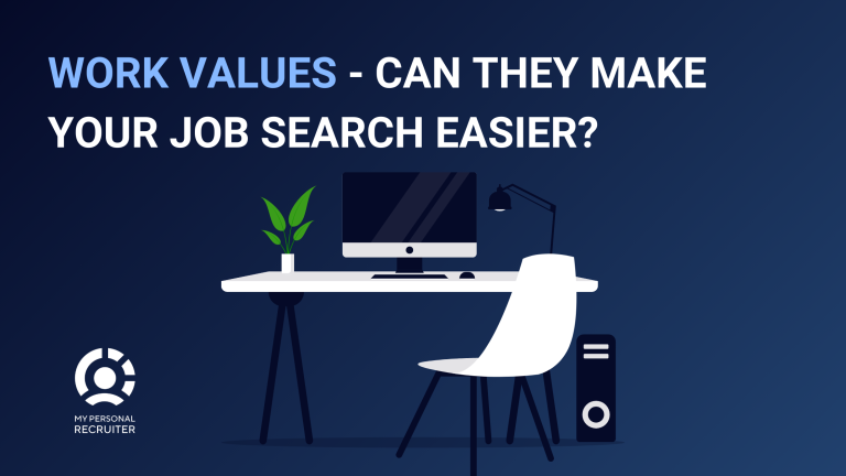 Desk setup with computer and plant, text reads: 'Work Values - Can They Make Your Job Search Easier?' and My Personal Recruiter logo.