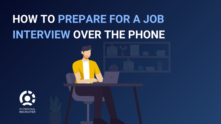 Illustration of a man sitting at a desk with a laptop, set against a dark blue background, accompanied by the text 'How to Prepare for a Job Interview Over the Phone.'
